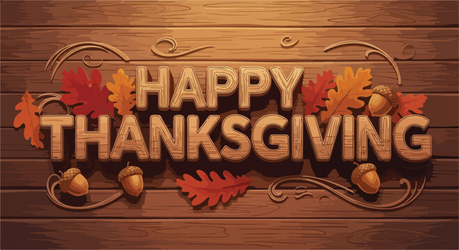 A rustic wooden sign with colorful autumn leaves and acorns reads 'HAPPY THANKSGIVING' in bold, golden letters, conveying a warm and festive mood.