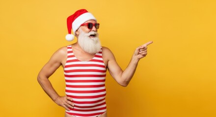 Elderly man in santa hat and striped swimsuit pointing with confident smile on yellow background