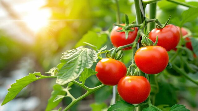 Red Tomato Paradise: Ripe, vibrant red tomatoes dangle invitingly from their lush green vines, basking in the sun's warm glow, a scene of freshness and natural goodness.