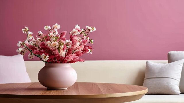 Floral Harmony: A vibrant arrangement of delicate blossoms graces a table, complemented by a cozy sofa and a calming, vibrant wall, creating an inviting space of serenity and style.