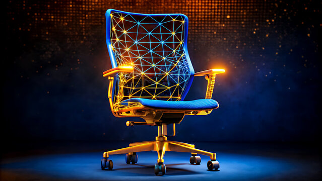 Futuristic office chair with a digital network design showcasing modern technology and ergonomic design ideal for technology companies and innovative workspaces