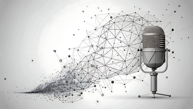 Vintage microphone with abstract network connection representing podcasting audio technology and digital communication isolated on white background