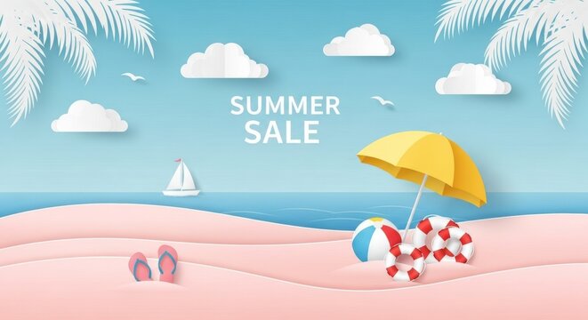 Bright summer sale beach scene with palm trees, umbrella, and colorful beach accessories - Powered by Adobe