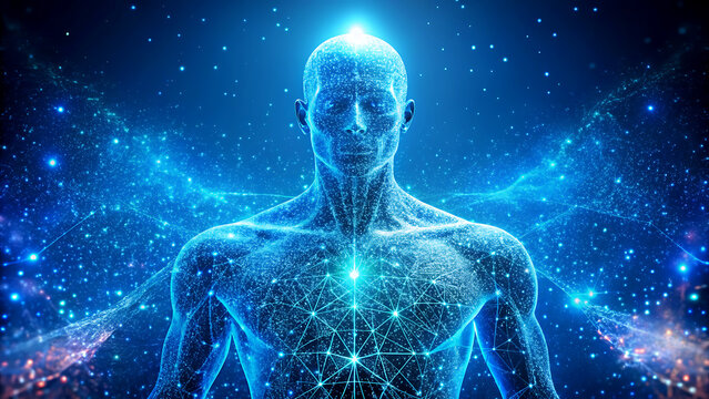 Human figure with glowing connections abstract digital art representing artificial intelligence and advanced technology for science and innovation concepts
