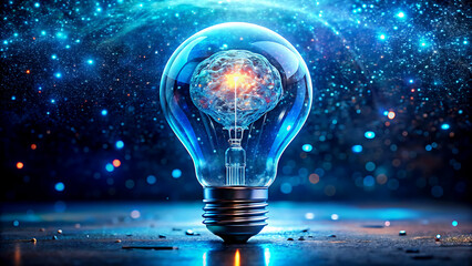 Brain inside a light bulb representing innovative ideas and artificial intelligence on a cosmic background