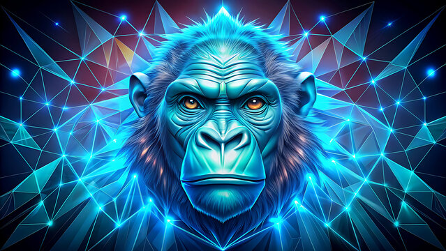 Futuristic gorilla portrait rendered in vibrant blue hues with geometric patterns a modern digital art piece