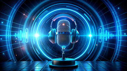 Futuristic microphone with headphones glowing neon lights and sound waves perfect for podcasting and audio recording