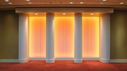 Fototapeta premium Elegant Interior with Soft Lighting and Classic Columns in Modern Space for Events and Gatherings, Featuring Warm Orange Hue and Subtle Textures