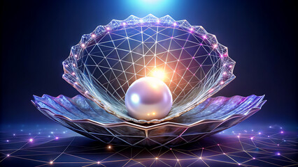 Luminous pearl inside an oyster shell digital art with glowing network concept for luxury elegance and high technology