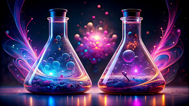 Two Erlenmeyer flasks with glowing liquid and particles a vibrant and colorful science illustration perfect for laboratory or research concepts