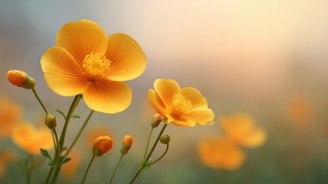 Bright Yellow Buttercup Flowers in Soft Focus Against Gentle Pastel Background, Symbolizing Spring and Natural Beauty Perfect for Floral Decor or Nature Themes