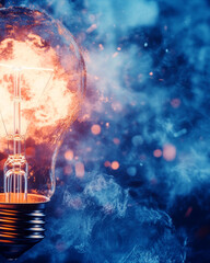 Creative light bulb rocket with blast and clouds takes off on a dark background, Successful launch start up, creative idea concept - ai