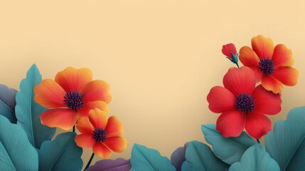 Vibrant Tropical Flowers with Lush Green Leaves on Soft Yellow Background, Perfect for Nature Themes, Seasonal Promotions, and Floral Designs