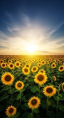 Fototapeta premium Vibrant Sunflower Field Under a Golden Sunset Sky.