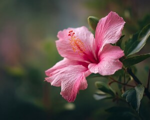 A close up of a pink hibiscus flower in full bloom with green leaves around it
