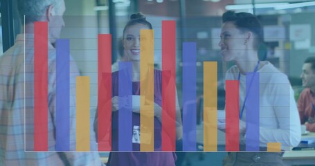 Holding coffee cups, three staff maroon, white, plaid chatting in break area with bar chart overlay