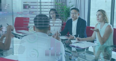 Presenting manager in suit white-shirt with tablet speaking around glass table charts, copy space © vectorfusionart