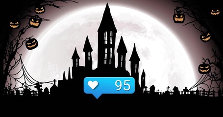 Naklejka premium Looming eerie castle casting moonlight over cemetery at night, with pumpkins and blue bubble 95