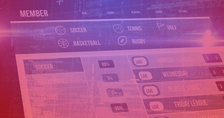 Obraz premium Displaying sports dashboard on screen, showing MEMBER label, LIVE buttons, percentage badges