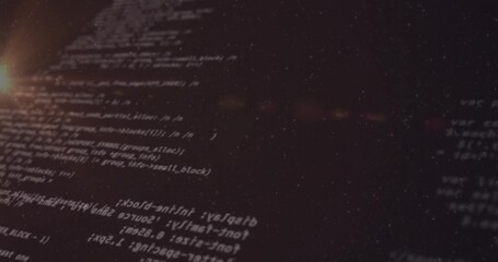 Projecting angled monospaced code lines diagonally on dark screen, showing lens flare, particles © vectorfusionart
