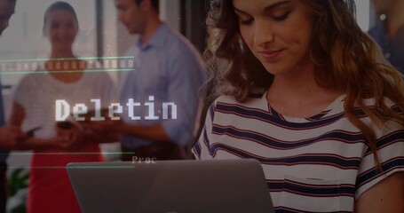 Typing woman in striped shirt using open laptop in office, with Deletin overlay and smartphones