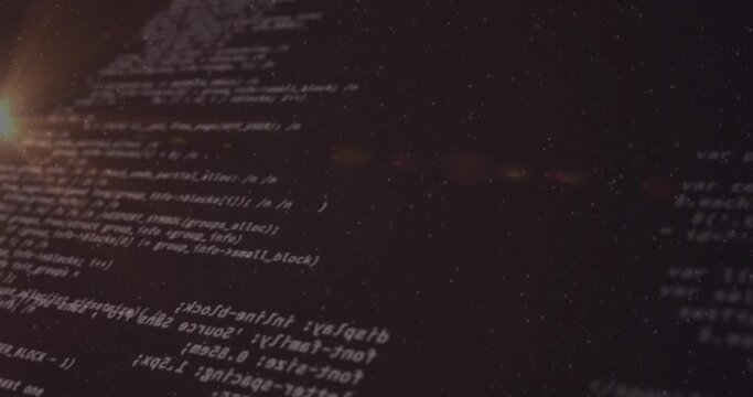 Projecting angled monospaced code lines diagonally on dark screen, showing lens flare, particles