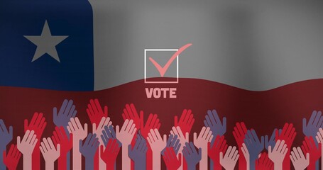 Obraz premium Displaying raised hands cluster with central checkbox showing pink check mark VOTE on poster flag