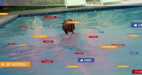 Watching child swimmer with braids floating in home pool wearing pink swimsuit, notification badges