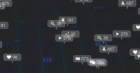 Displaying floating cluster of labels showing engagement stats on dark grid with heart icons
