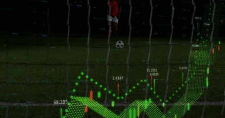 Framing goal net, capturing player in red kit standing behind ball on night pitch, green overlays