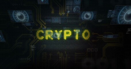 Glitching pixelated CRYPTO text pulsing on dark backdrop, showing gold circuits and blue HUD