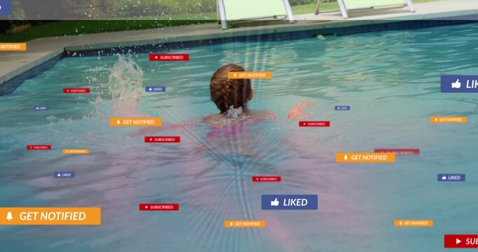 Watching child swimmer with braids floating in home pool wearing pink swimsuit, notification badges