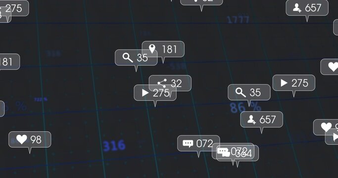 Displaying floating cluster of labels showing engagement stats on dark grid with heart icons - Powered by Adobe