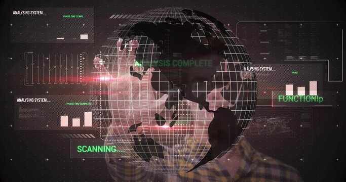 Displaying translucent 3D wireframe globe rotating in studio, with HUD overlays and checkered shirt - Powered by Adobe