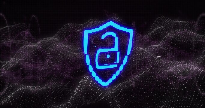 Glowing neon-blue pixelated shield emblem with lowercase A hovering above dot-wave mesh, halo - Powered by Adobe