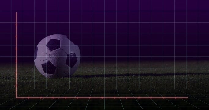 Resting scuffed soccer ball casting shadow on turf at night, with 3D grid and red axes