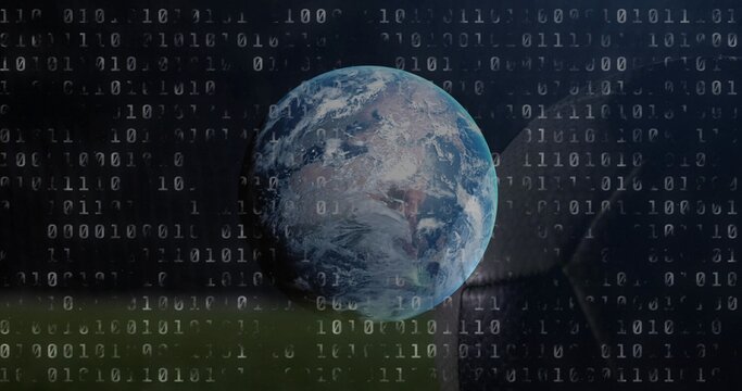 Displaying Earth globe in digital backdrop, with binary overlay, silhouette and green band