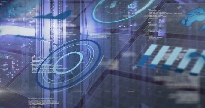 Displaying holographic circular HUD floating over data center, with concentric rings, grid overlay