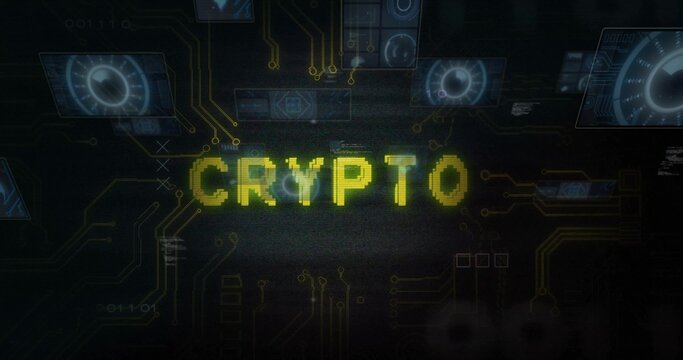 Glitching pixelated CRYPTO text pulsing on dark backdrop, showing gold circuits and blue HUD