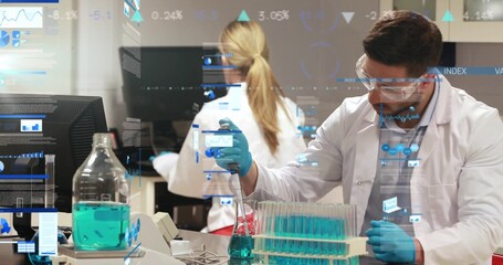 Pipetting scientist in lab coat, goggles, blue gloves at bench with pipette and tubes, copy space