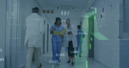 Walking scrub nurse, Dr in lab coat consulting in hospital with tablet yellow chart green overlay