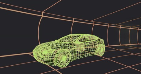 Rendering neon-green wireframe sedan inside curved orange grid tunnel, revealing wheel spokes