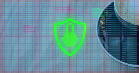 Glowing neon green shield with padlock and print rings hovering over code grid, hooded shadow right