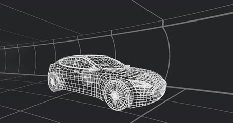 Rendering wireframe car model in virtual tunnel, showing wheel spokes, headlight and grille