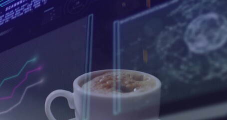 Framing white ceramic coffee cup sitting on dark desk, with neon line graphs and HUD overlays