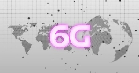 Displaying glowing neon-pink 6G text floating above halftone map and partial globe, with grid nodes