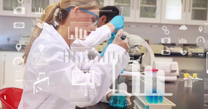 Pipetting woman wearing lab coat goggles nitrile gloves at bench, using micropipette and beaker
