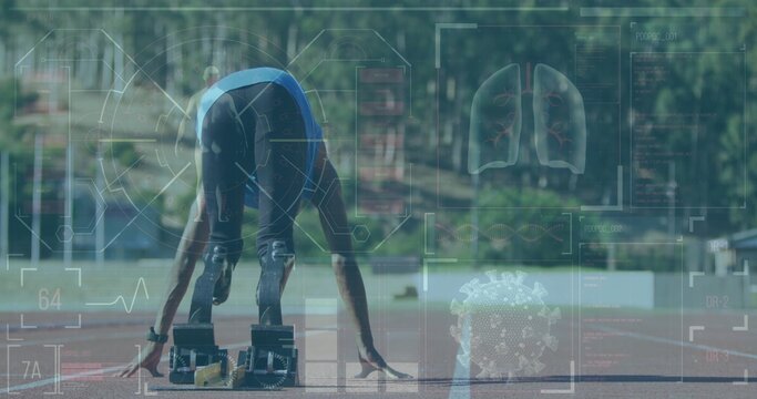 Preparing teenage sprinter in blocks at track, sporting blue top, spikes and wristband, showing HUD - Powered by Adobe