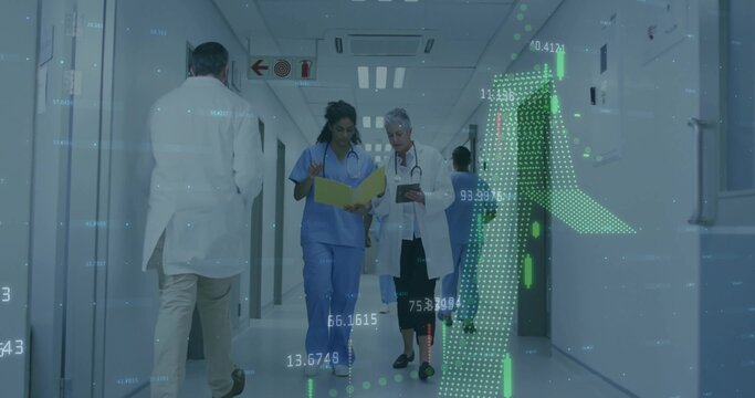 Walking scrub nurse, Dr in lab coat consulting in hospital with tablet yellow chart green overlay