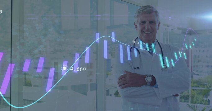 Standing doctor crossing arms at clinic windows with lab coat, stethoscope, data charts, copy space